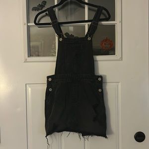 Distressed Overall Denim Dress with Embroidered Flower Pocket